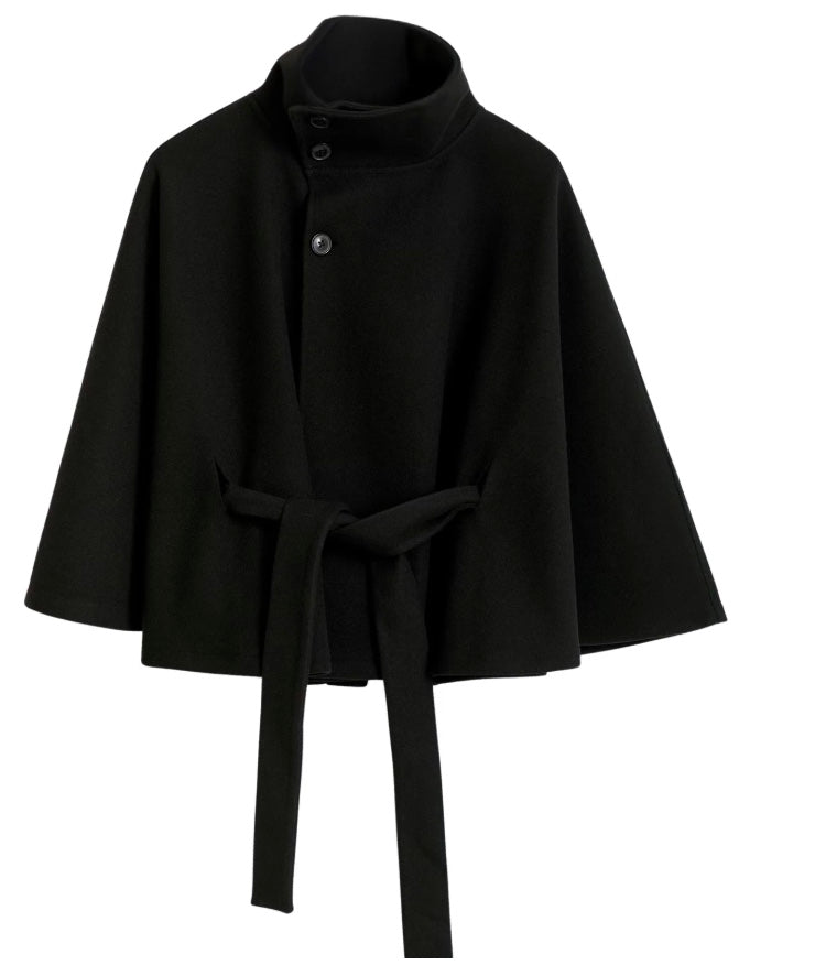 Dames Cape Jas Met Ceintuur En Hoge Kraag