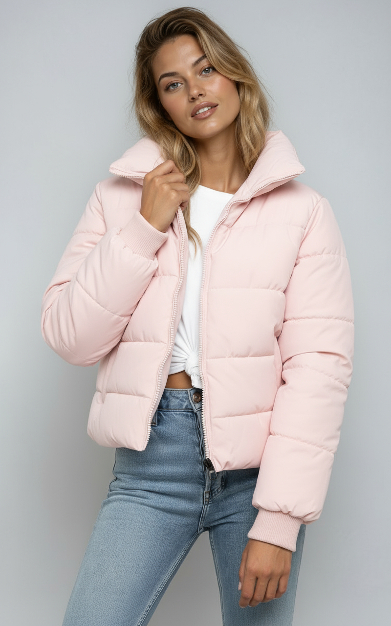 Dames Puffer Jas Met Rits En Hoge Kraag