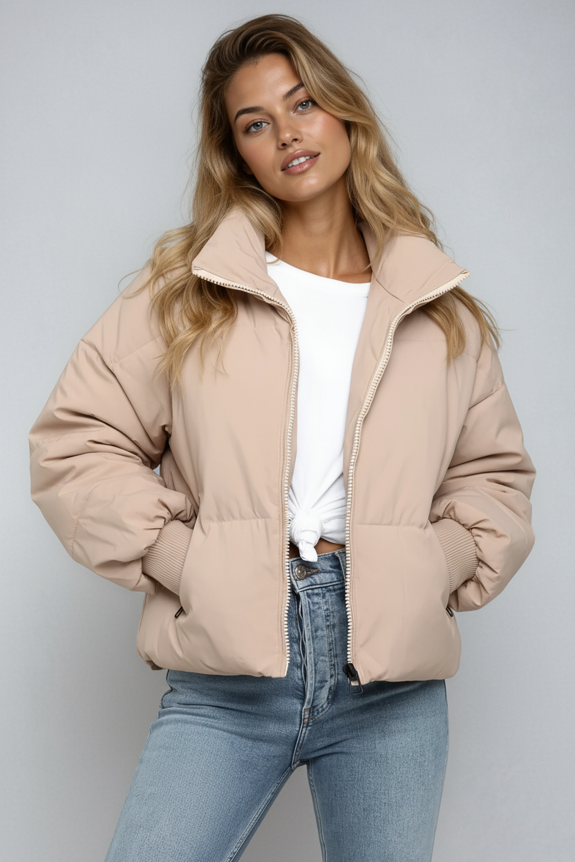 Dames Puffer Jas Met Rits En Hoge Kraag