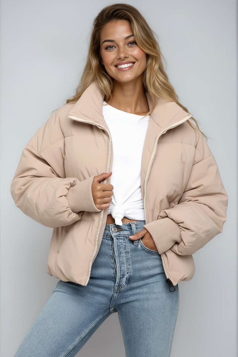 Dames Puffer Jas Met Rits En Hoge Kraag