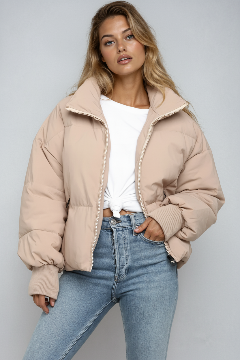 Dames Puffer Jas Met Rits En Hoge Kraag