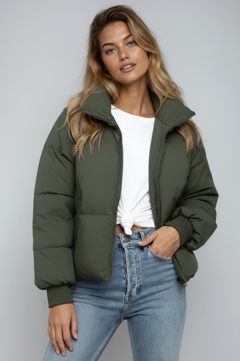Dames Puffer Jas Met Rits En Hoge Kraag