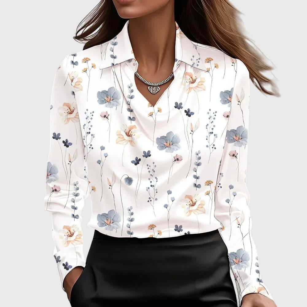 Dames Satijnen Blouse Met Watervalhals En Lange Mouwen