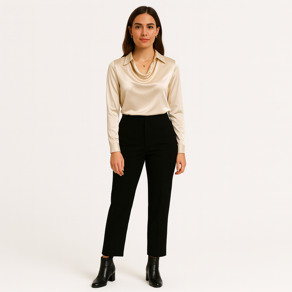 Dames Satijnen Blouse Met Watervalhals En Lange Mouwen