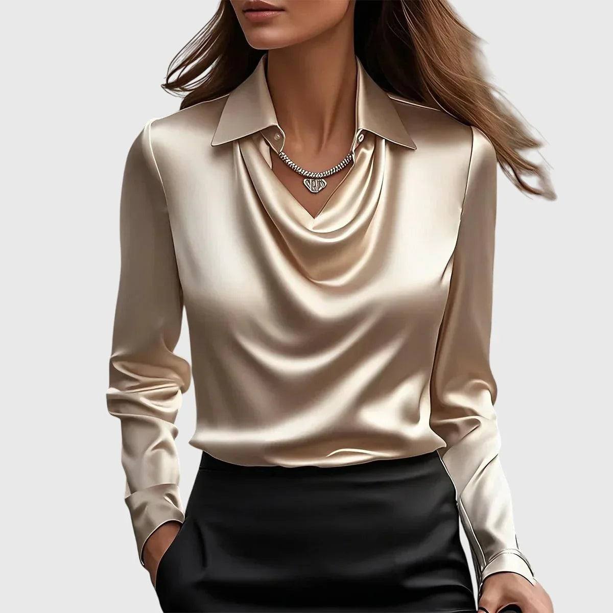 Dames Satijnen Blouse Met Watervalhals En Lange Mouwen