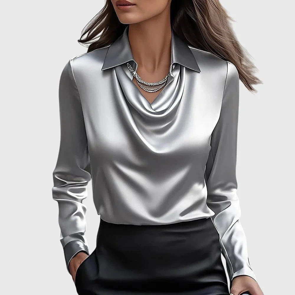 Dames Satijnen Blouse Met Watervalhals En Lange Mouwen