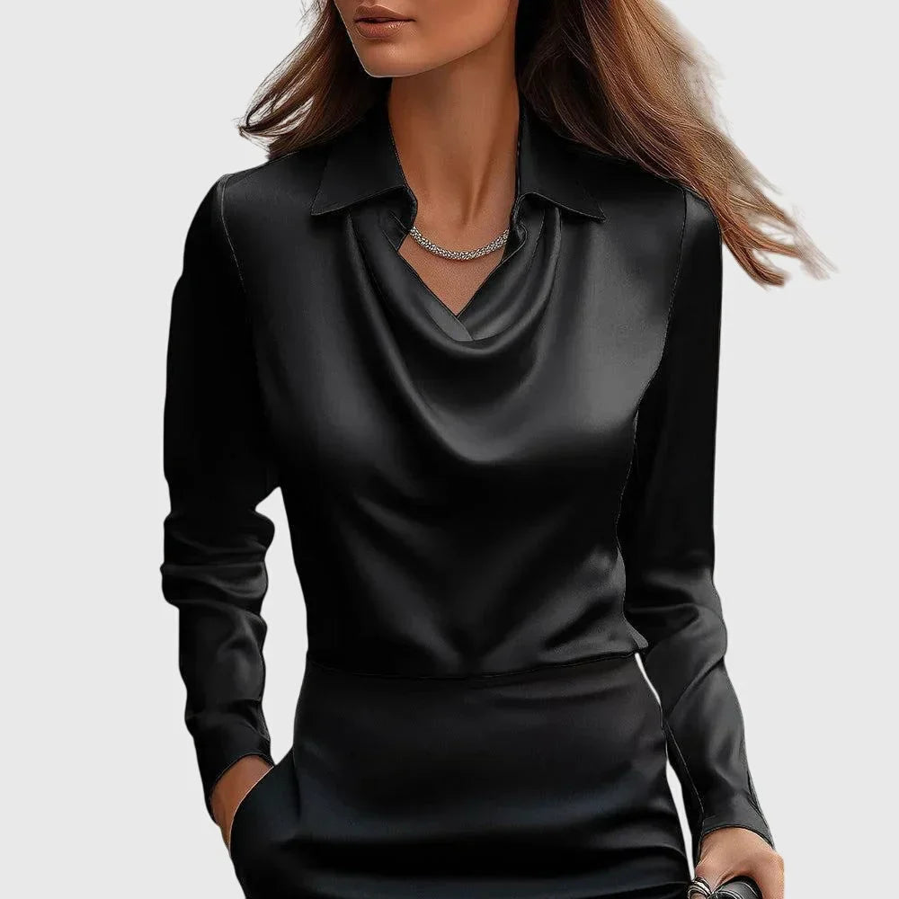 Dames Satijnen Blouse Met Watervalhals En Lange Mouwen