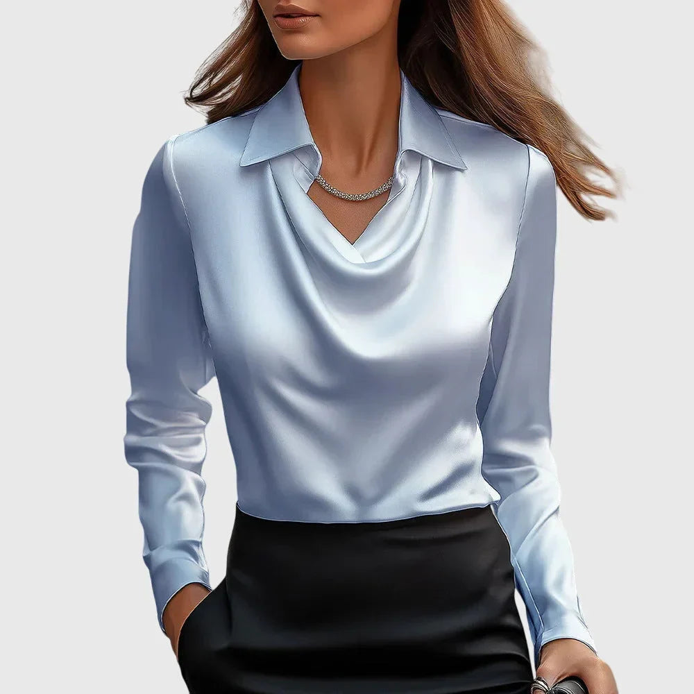 Dames Satijnen Blouse Met Watervalhals En Lange Mouwen