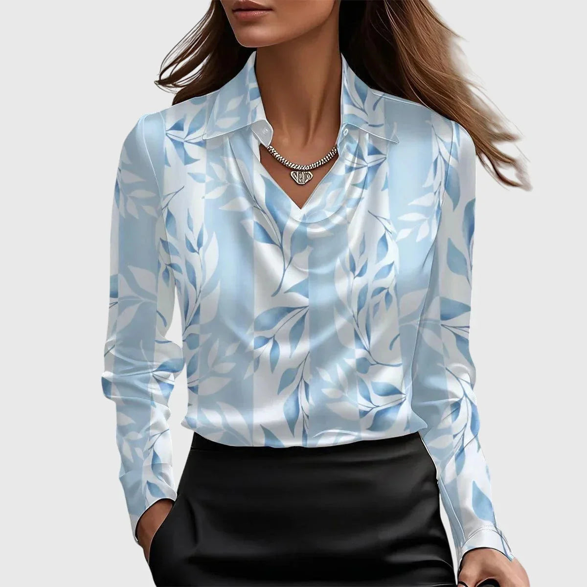 Dames Satijnen Blouse Met Watervalhals En Lange Mouwen