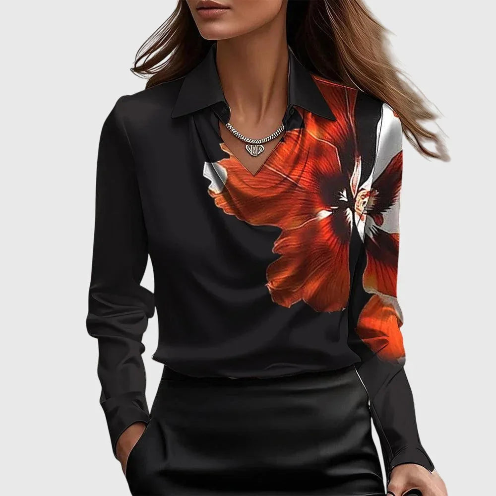 Dames Satijnen Blouse Met Watervalhals En Lange Mouwen