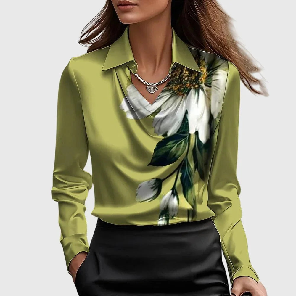 Dames Satijnen Blouse Met Watervalhals En Lange Mouwen