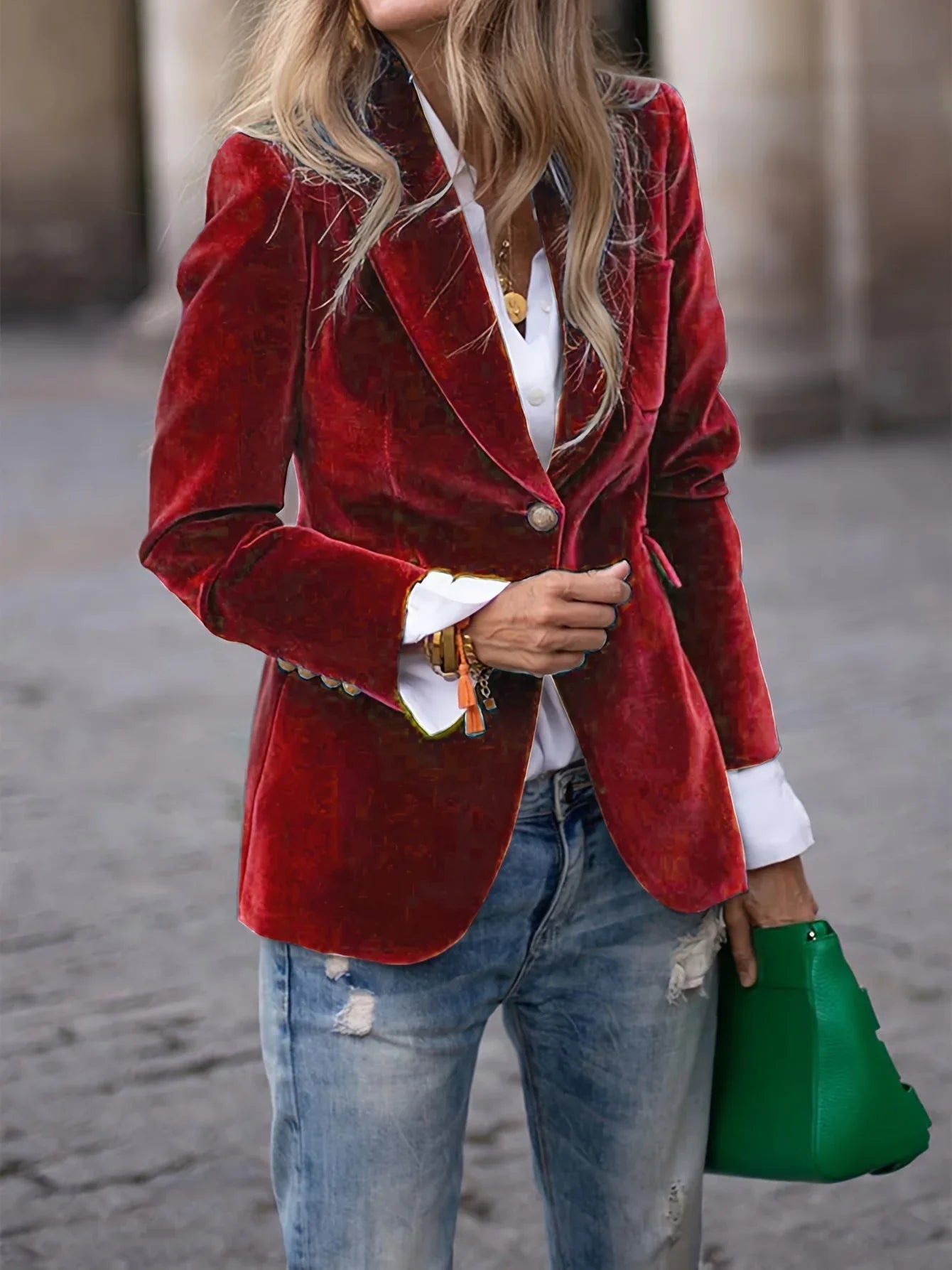 Dames Velvet Blazer Met Goudkleurige Knopen