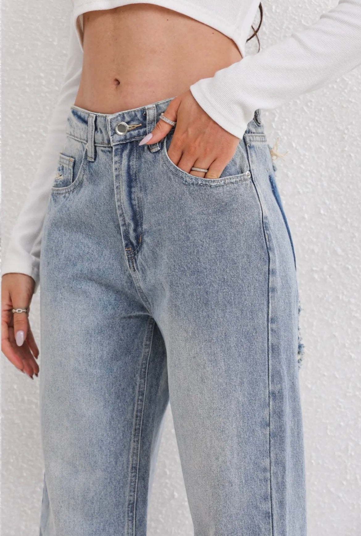 Dames Wide Leg Jeans Met Vintage Wassing En Scheuren