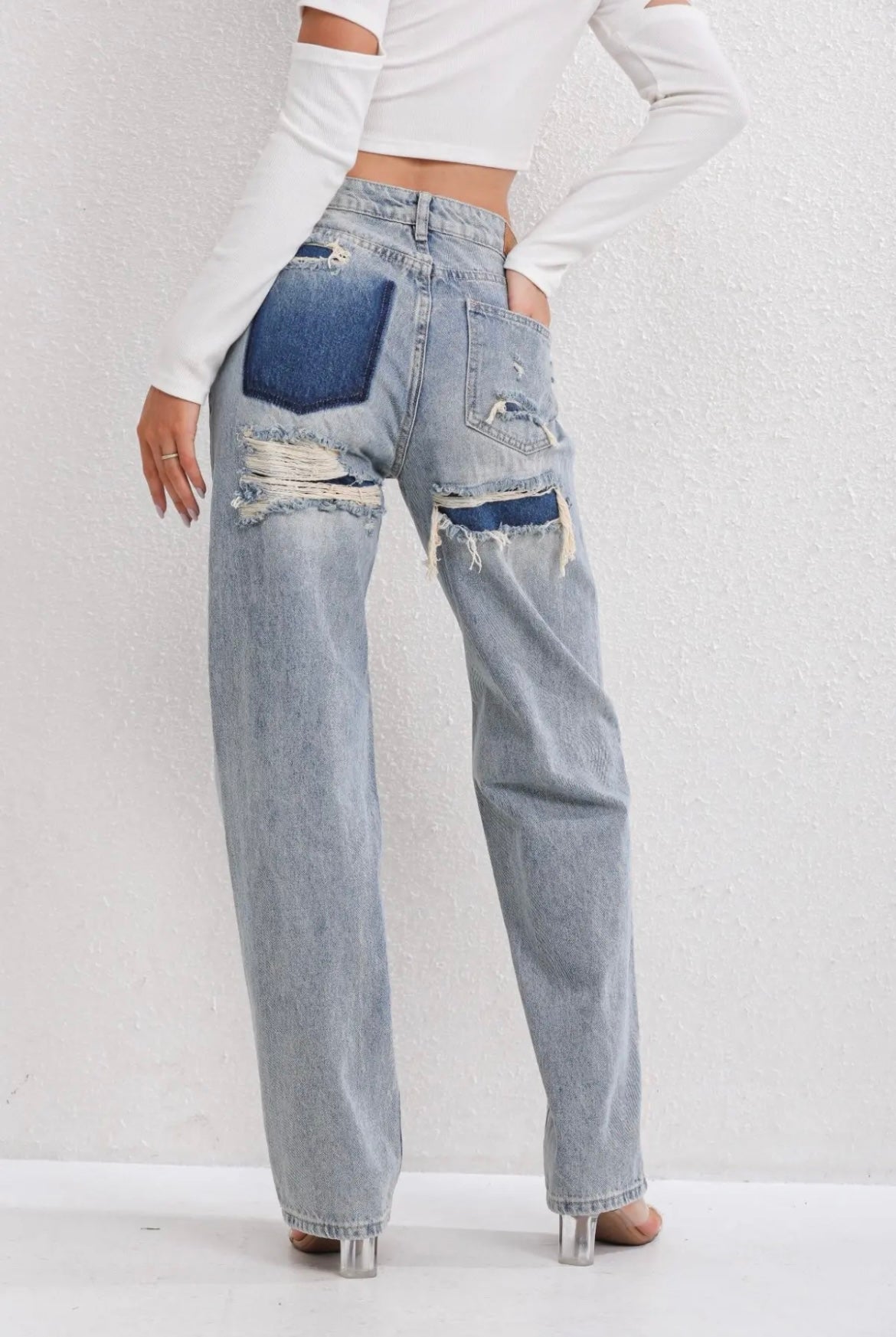 Dames Wide Leg Jeans Met Vintage Wassing En Scheuren