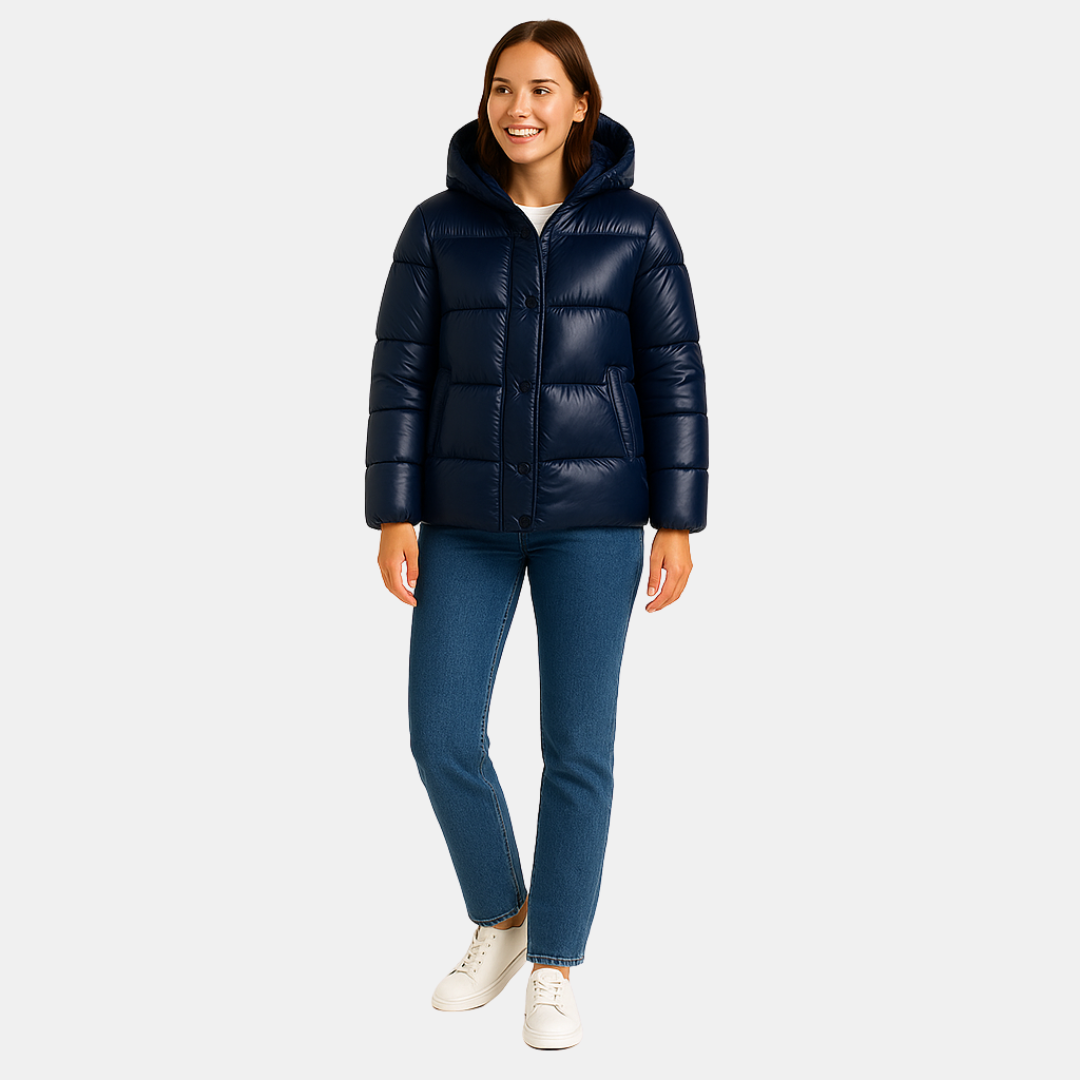 Dames Puffer Jas Met Capuchon En Glanzende Afwerking