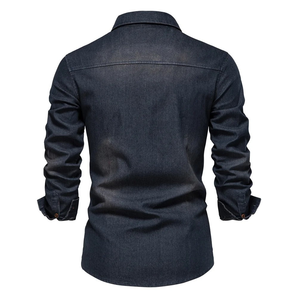 Heren Denim Look Overhemd Met Lange Mouwen