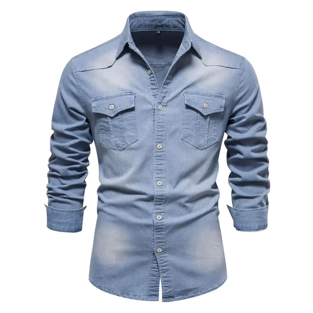 Heren Denim Look Overhemd Met Lange Mouwen