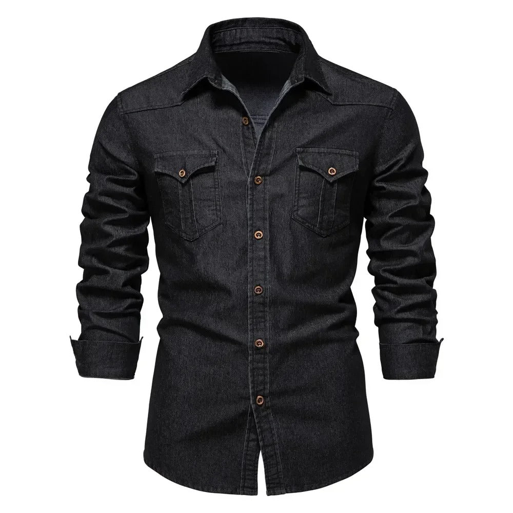 Heren Denim Look Overhemd Met Lange Mouwen