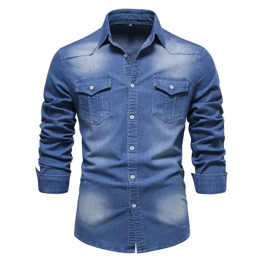 Heren Denim Look Overhemd Met Lange Mouwen