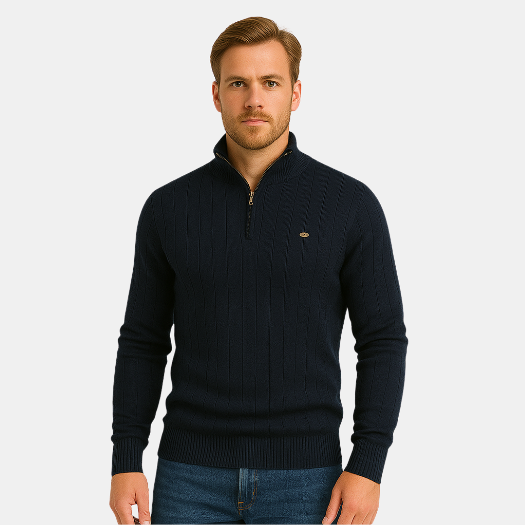 Katoenen Heren Trui Met Halve Rits En Ribstructuur