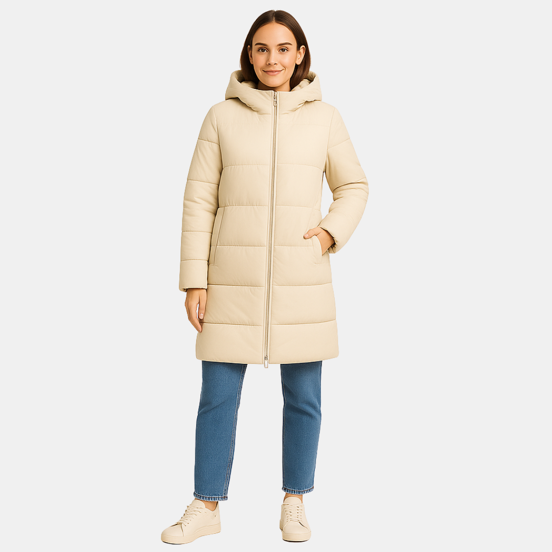 Lange Dames Puffer Jas Met Capuchon En Ritssluiting