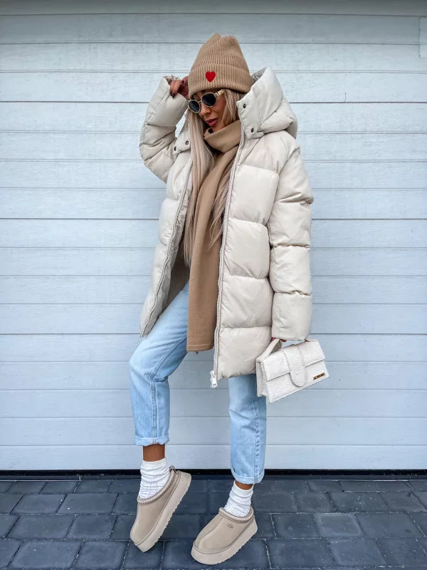Lange Dames Puffer Jas Met Capuchon En Ritssluiting