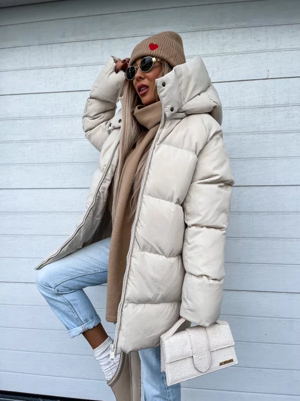 Lange Dames Puffer Jas Met Capuchon En Ritssluiting