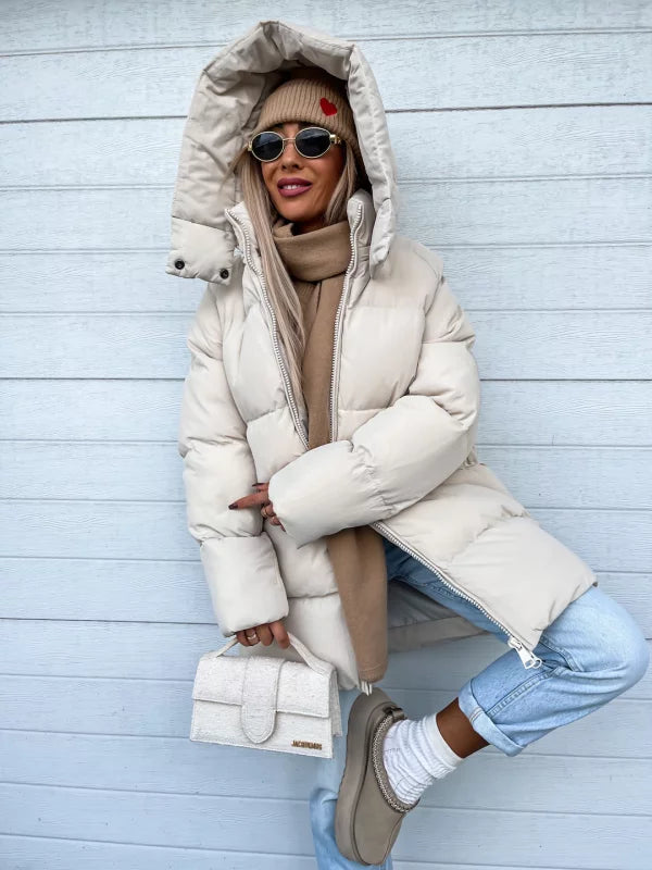 Lange Dames Puffer Jas Met Capuchon En Ritssluiting