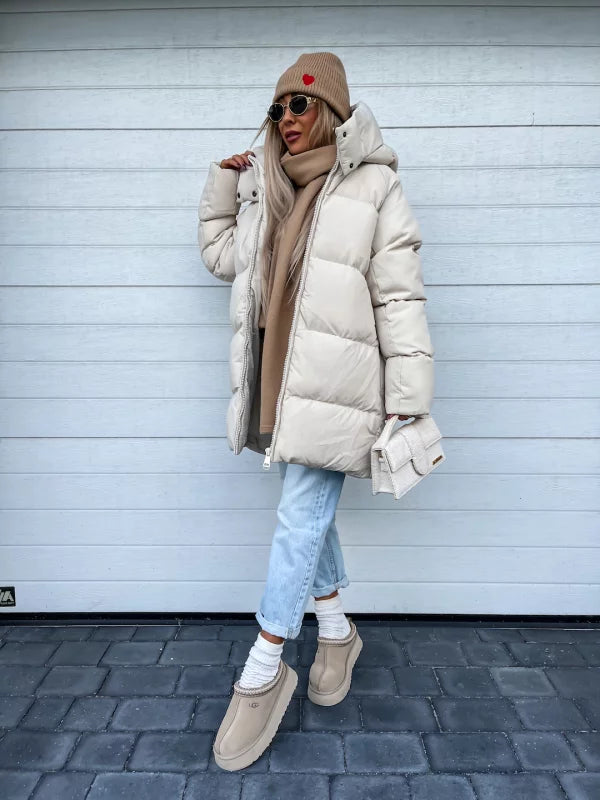 Lange Dames Puffer Jas Met Capuchon En Ritssluiting