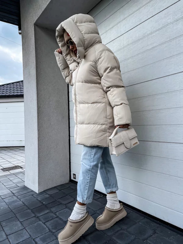 Lange Dames Puffer Jas Met Capuchon En Ritssluiting