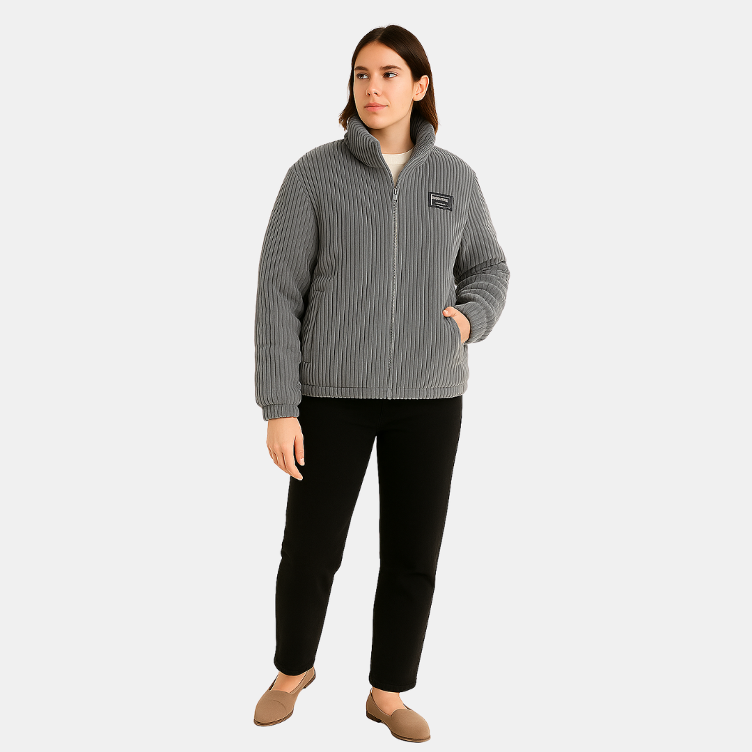 Moderne Corduroy Jas Met Ritssluiting En Hoge Kraag