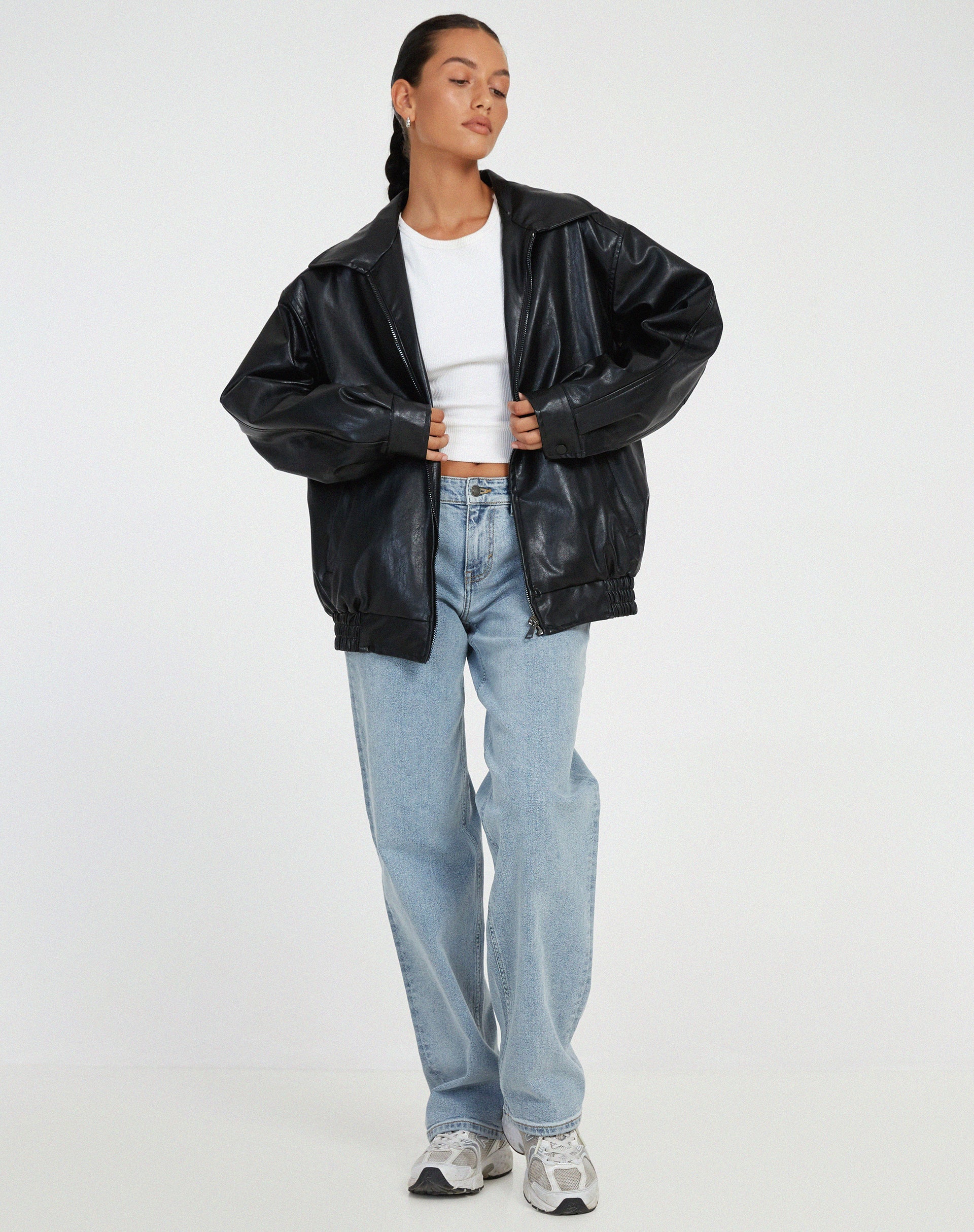 Oversized Dames Jas Met Leren Look En Ritssluiting
