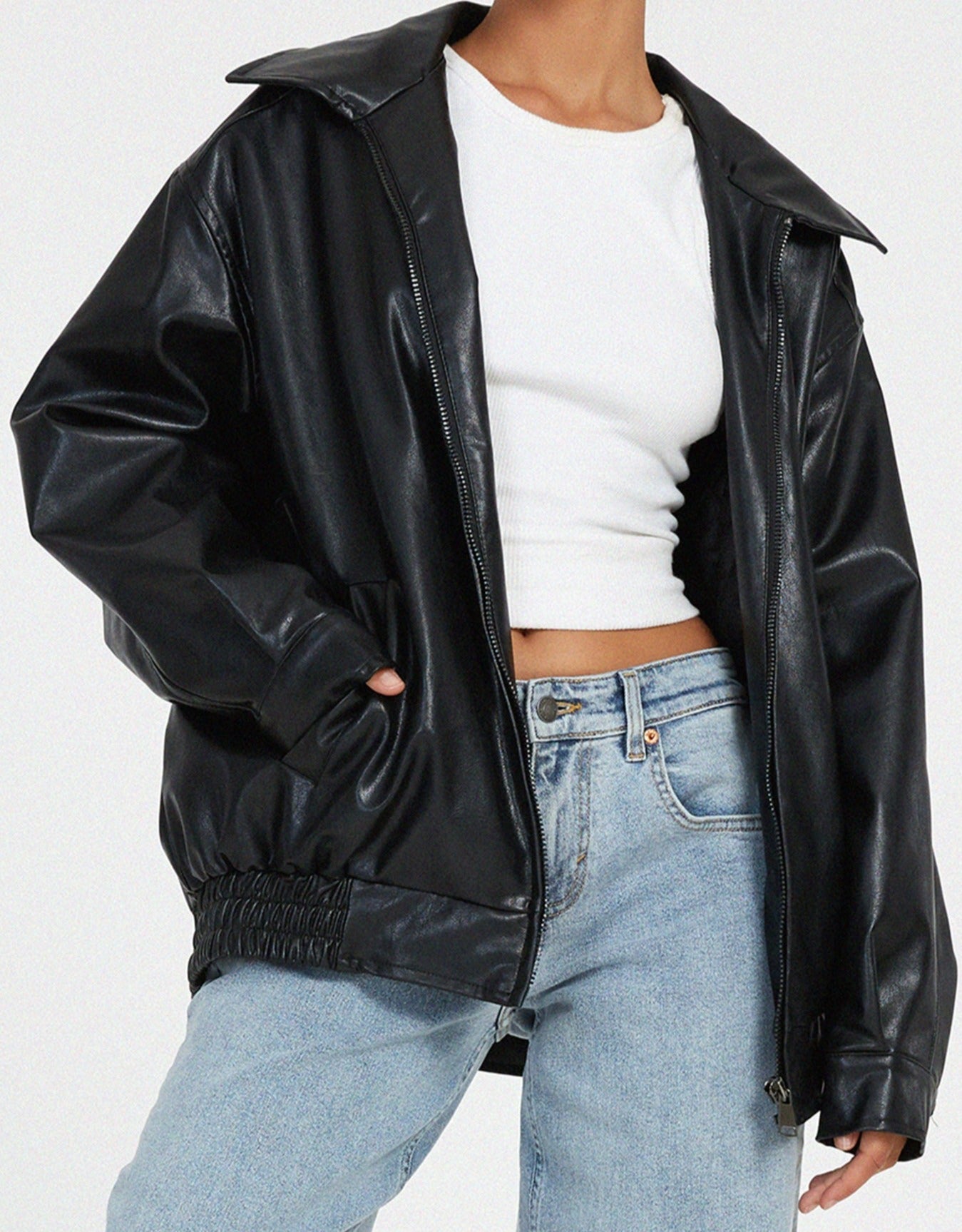 Oversized Dames Jas Met Leren Look En Ritssluiting