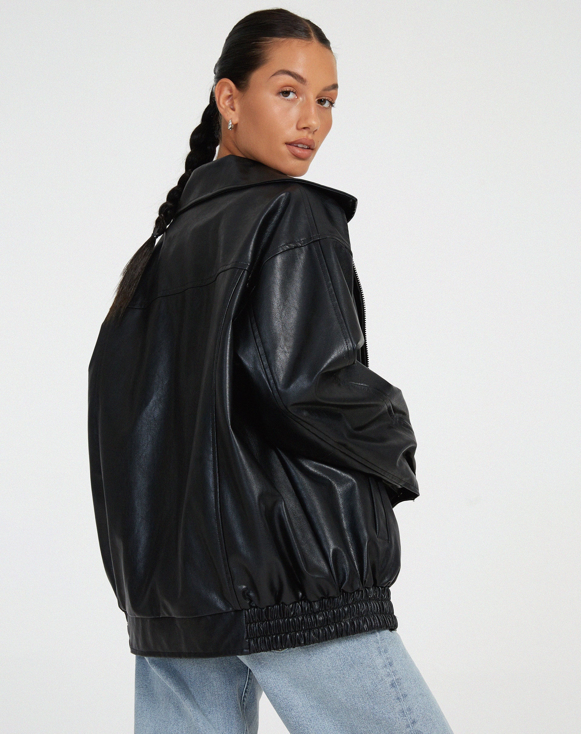 Oversized Dames Jas Met Leren Look En Ritssluiting