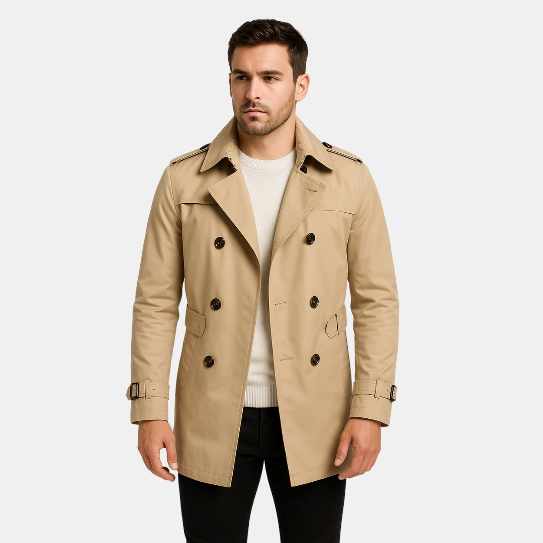 Heren Trenchcoat Met Dubbele Rij Knopen En Klassieke Kraag