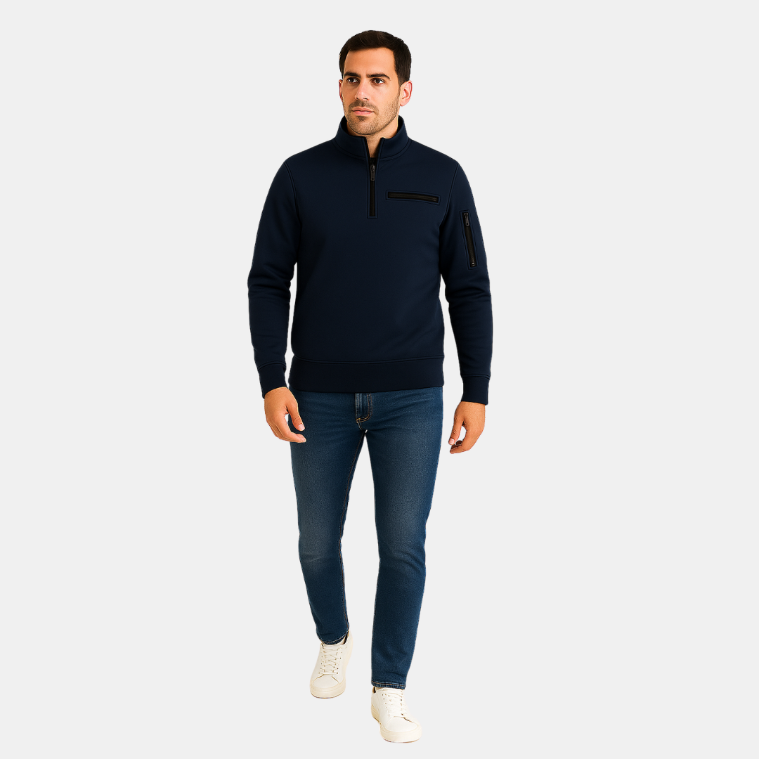 Heren Half Zip Trui Met Strakke Pasvorm En Ritsdetails