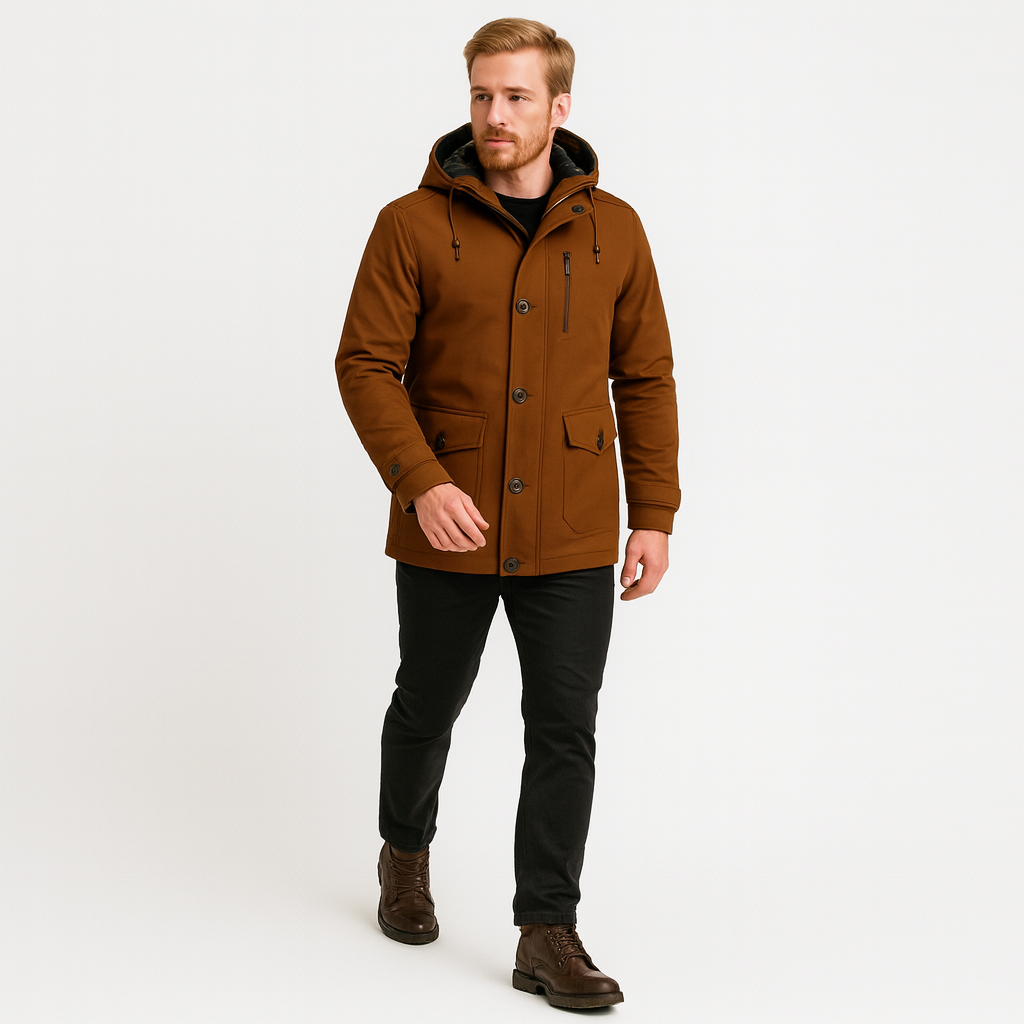 Warme Heren Winterjas Met Capuchon En Rits- En Knopensluiting