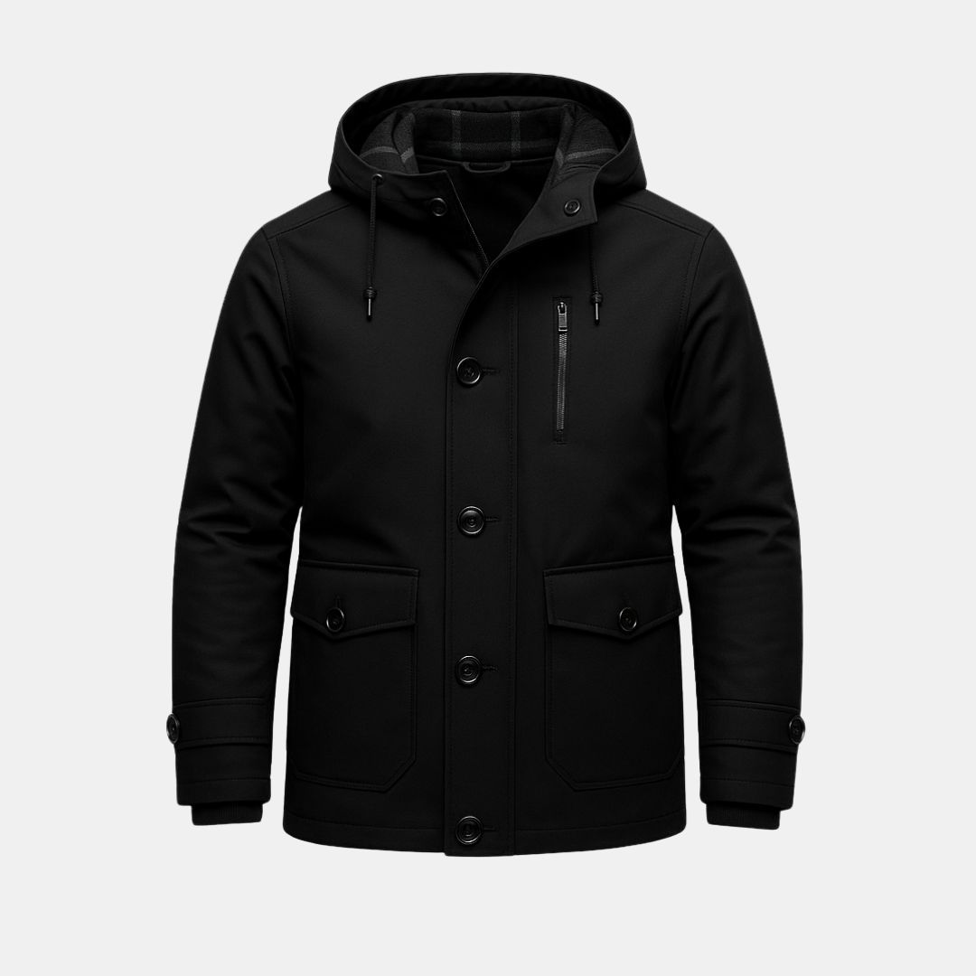 Warme Heren Winterjas Met Capuchon En Rits- En Knopensluiting