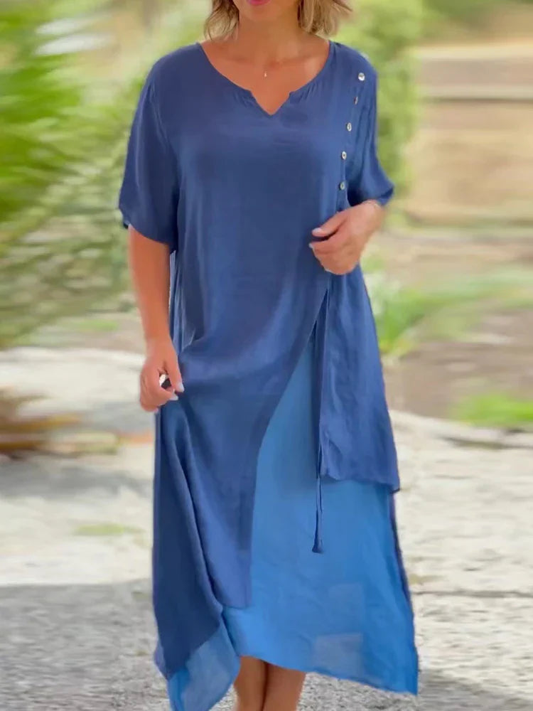 Amy Dames maxi overslagjurk met V-hals knopen