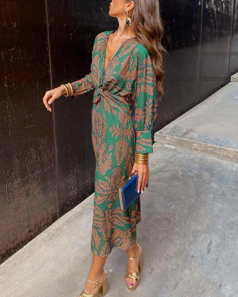 Audrey maxi dames jurk met V-hals en statement print