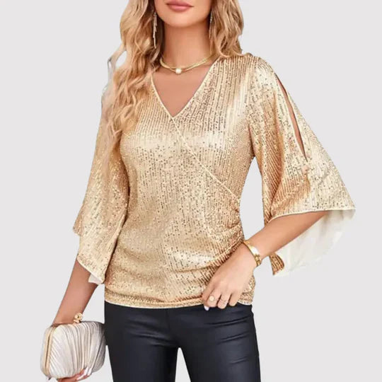 Chelsey glitter dames top met overslag en wijde mouwen