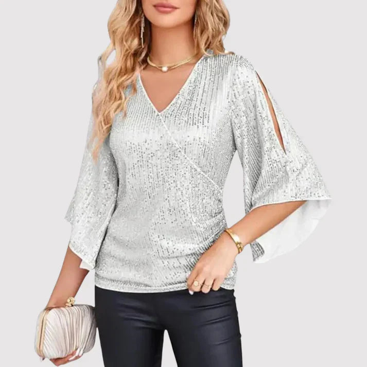 Chelsey glitter dames top met overslag en wijde mouwen