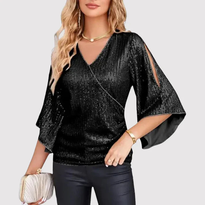 Chelsey glitter dames top met overslag en wijde mouwen