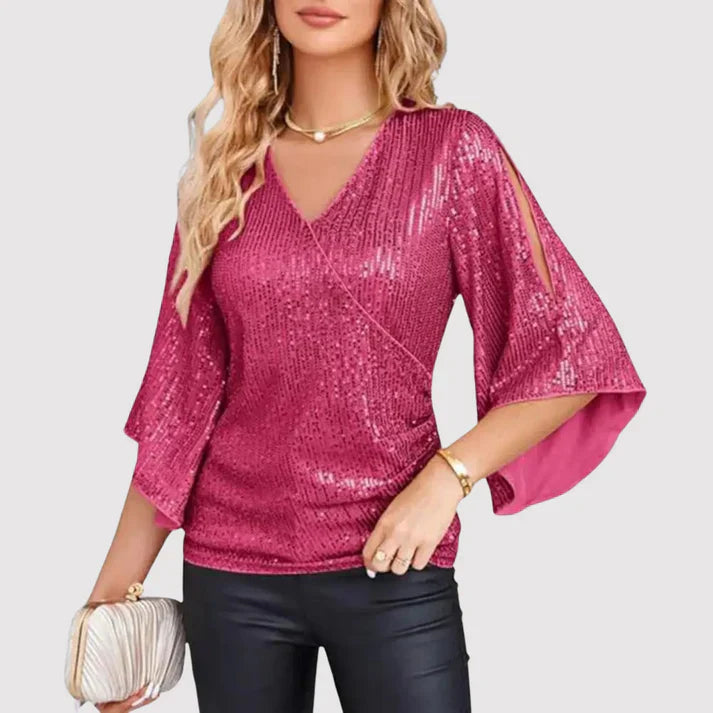 Chelsey glitter dames top met overslag en wijde mouwen