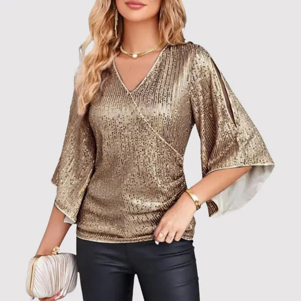 Chelsey glitter dames top met overslag en wijde mouwen