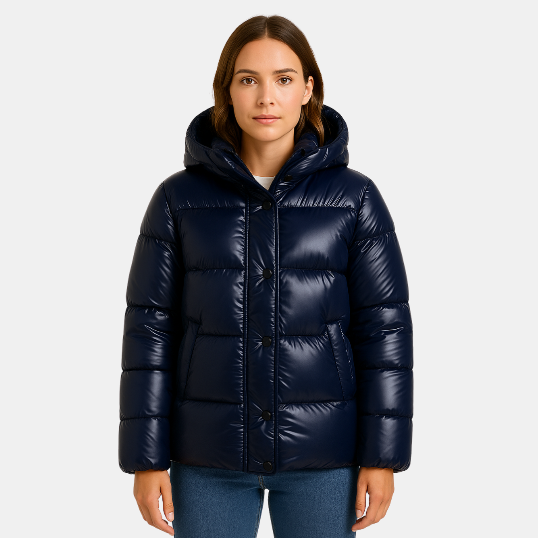 Dames Puffer Jas Met Capuchon En Glanzende Afwerking