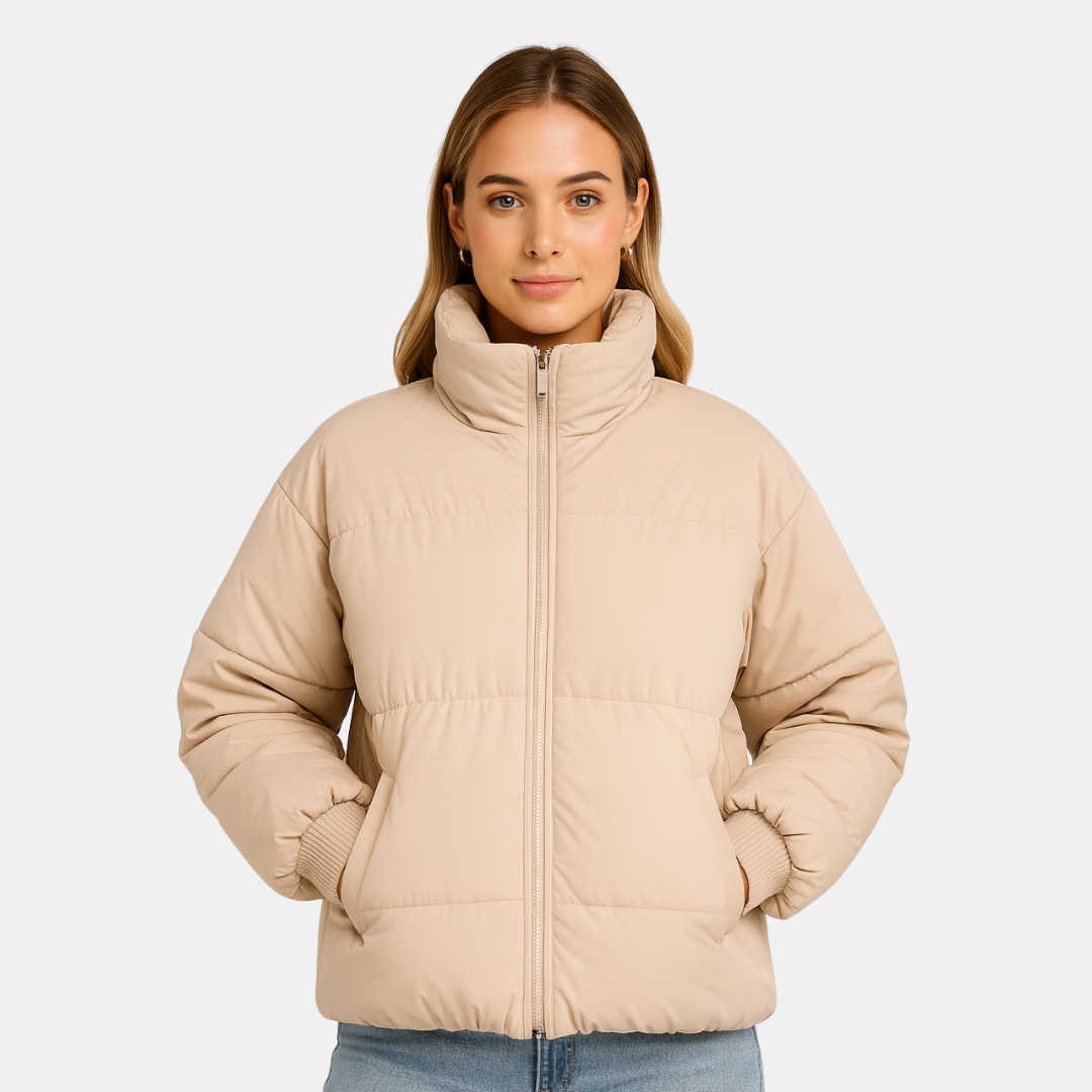 Dames Puffer Jas Met Rits En Hoge Kraag