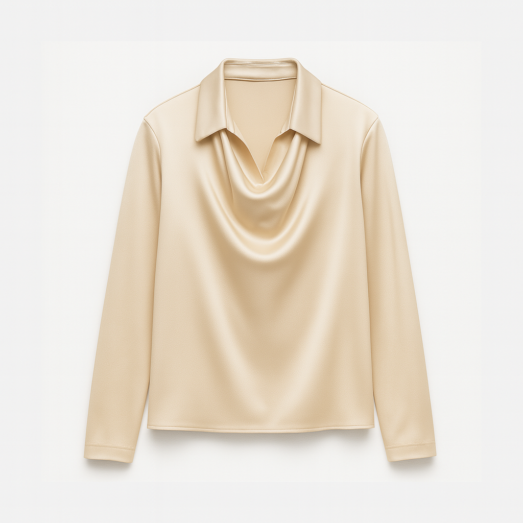 Dames Satijnen Blouse Met Watervalhals En Lange Mouwen