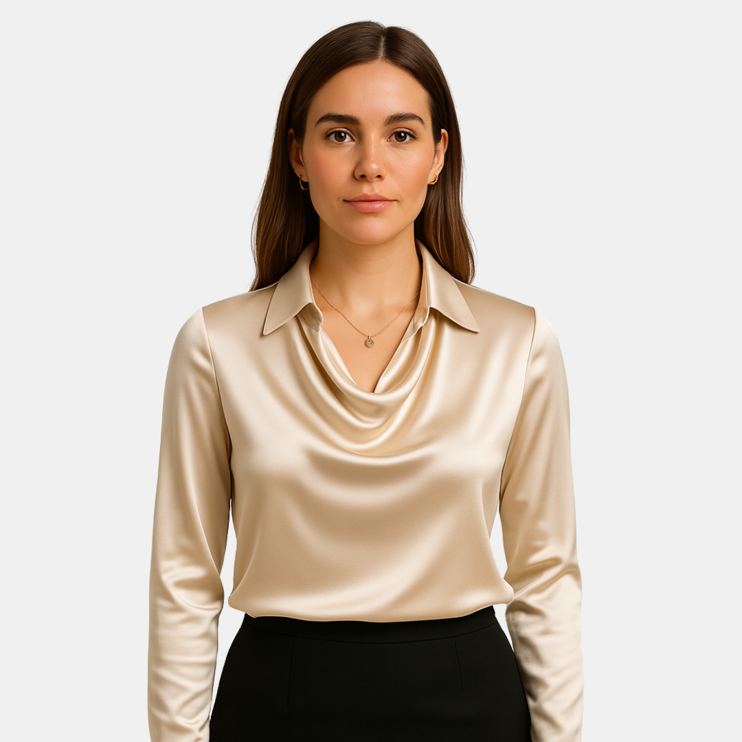 Dames Satijnen Blouse Met Watervalhals En Lange Mouwen