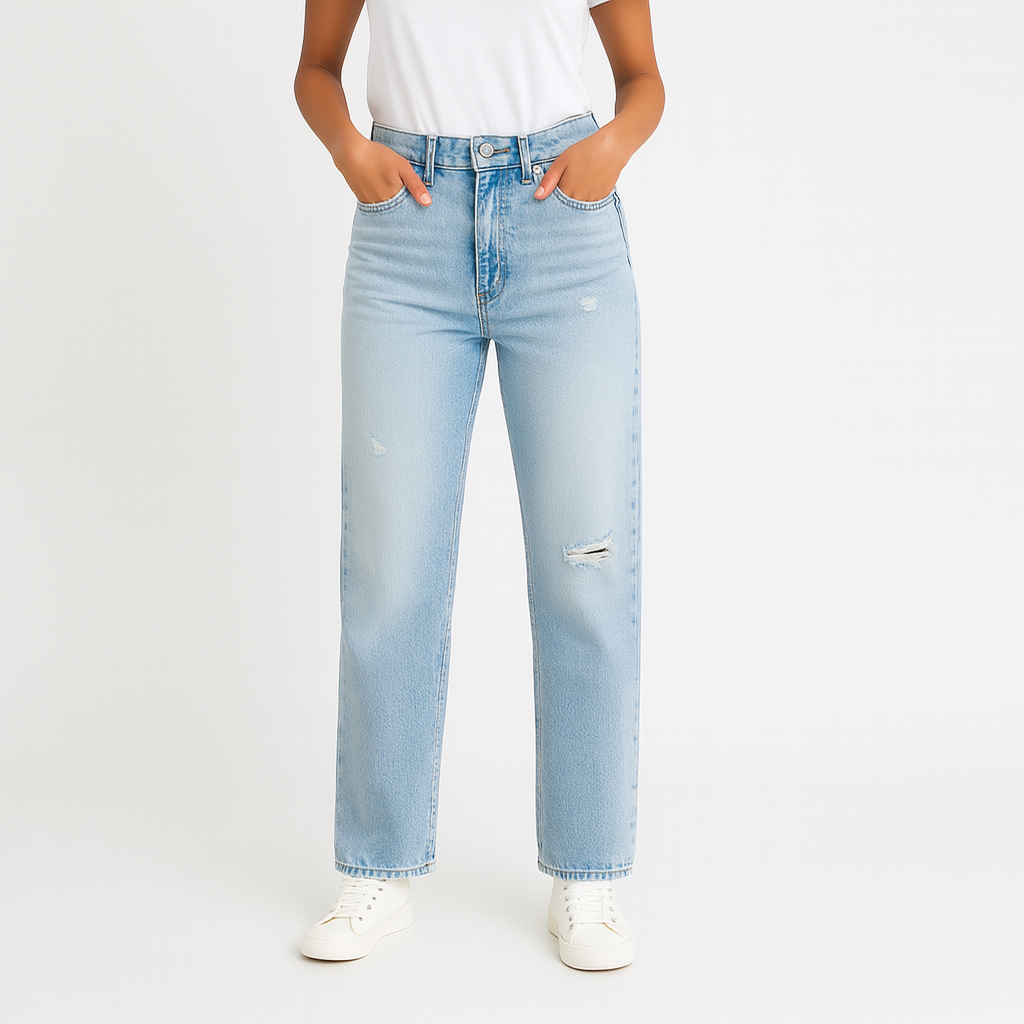 Dames Wide Leg Jeans Met Vintage Wassing En Scheuren